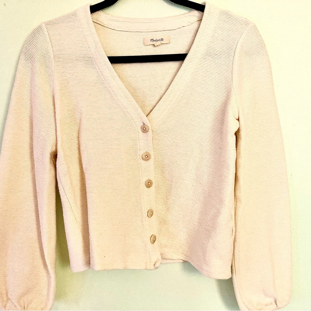 Madewell bubble sleeve Cream Cardigan Sweater V-Neck Knit. 100% Cotton. XS